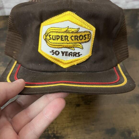 Vtg Super Crost Seeds Corn K Brand Patch Snapback Trucker Cap Brown 50 Years - Picture 2 of 5